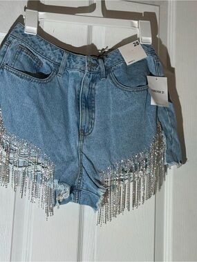 Denim Fringe Rhinestone High-Waist Women’s Shorts - Light Blue